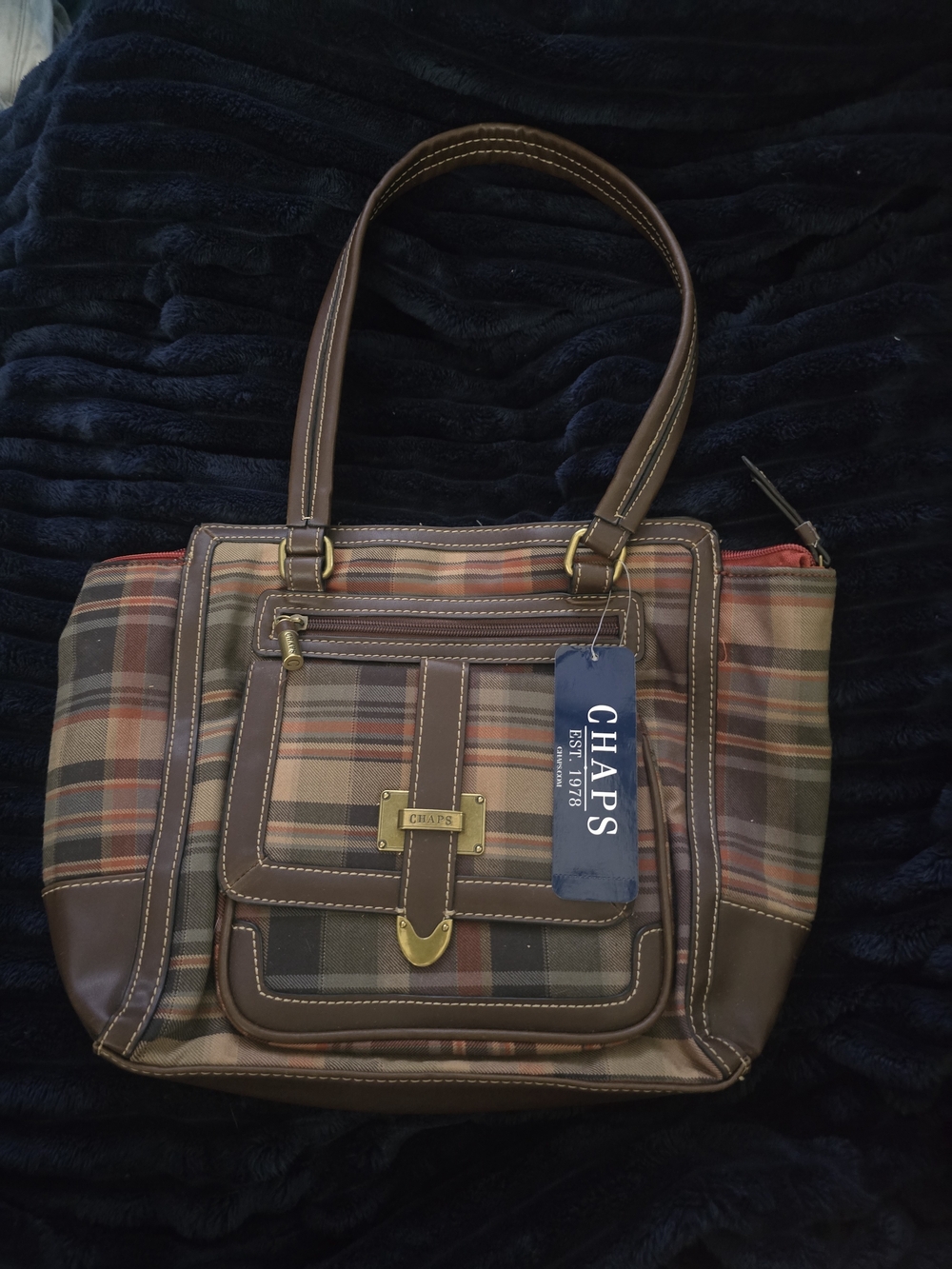 Chaps Brown Plaid Tote with Leather Trim